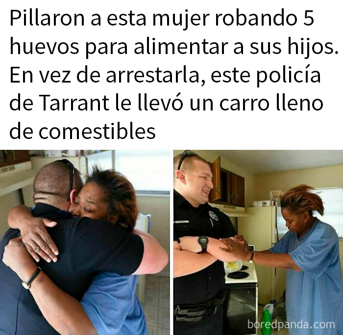 Mujer y policía compartiendo un abrazo; gesto amable que mejora el humor.