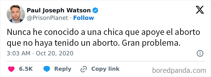 Tweet controversial de Paul Joseph Watson sobre el aborto, provocando opiniones escandalosas en internet.