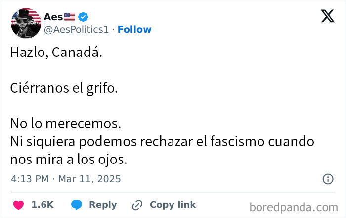 Publicación en redes sociales con opiniones y posturas escandalosas sobre Canadá y el fascismo.