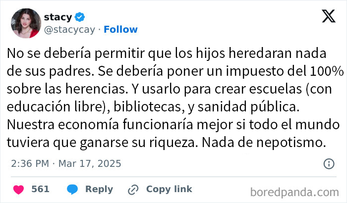 Mujer comparte en internet una opinión escandalosa sobre herencias y economía, generando debate.