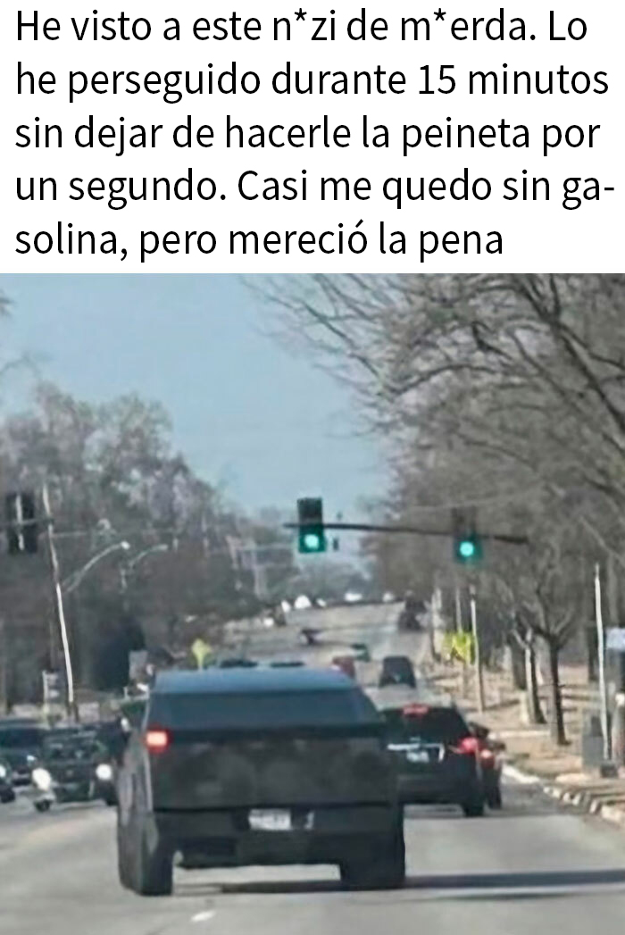 Auto en carretera con texto provocativo, reflejando opiniones escandalosas publicadas en internet.
