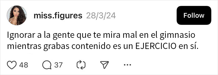 Publicación de redes sociales sobre opiniones escandalosas en el gimnasio.