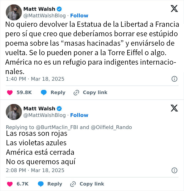 Tweets con opiniones y posturas escandalosas sobre la Estatua de la Libertad y temas migratorios en Estados Unidos.