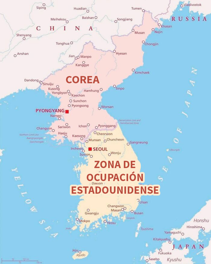 Mapa de Corea mostrando zonas de ocupación; ejemplo de opiniones escandalosas en internet.