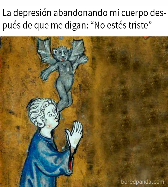 Ilustración medieval con meme raro, mostrando figura humana mirando a un pequeño demonio en el aire.