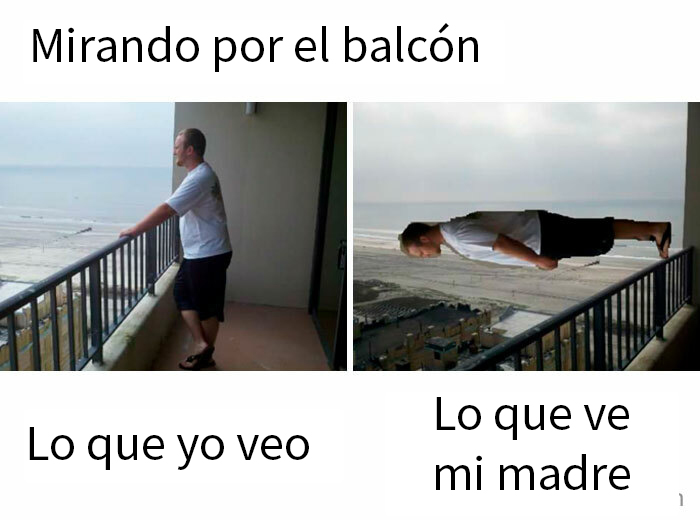 Hombre en balcón con perspectiva divertida y rara.