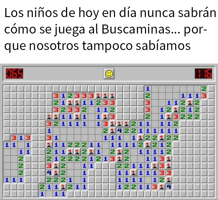 Pantalla de Buscaminas con un meme raro y divertido sobre dificultad del juego para pasar un buen rato.