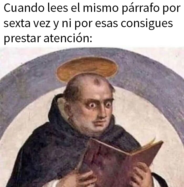 Monje medieval sorprendido leyendo, expresión divertida, meme raro.