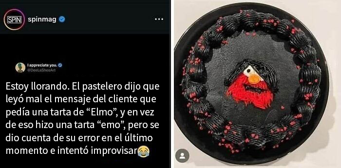 Pastel con diseño raro mezcla de "emo" y "Elmo", parte de memes divertidos para un buen rato.