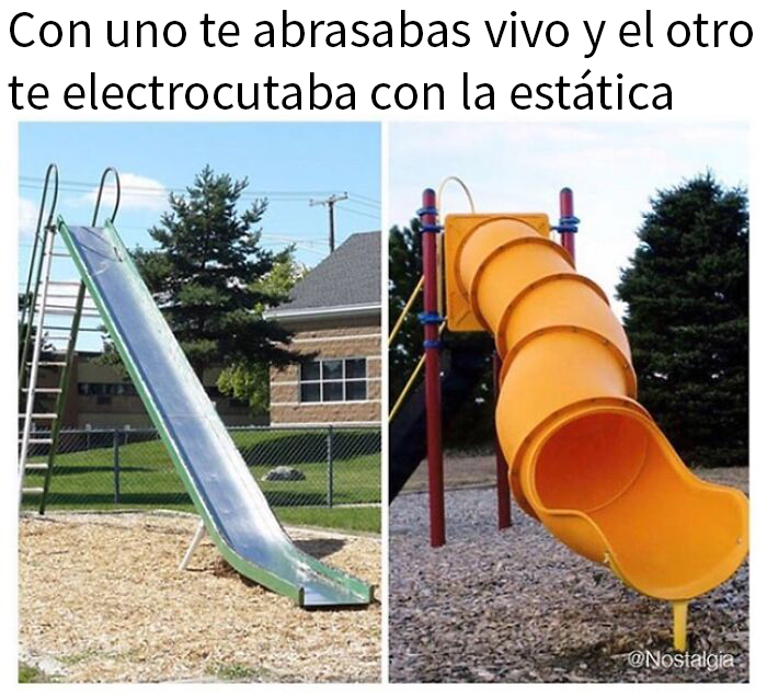 Dos toboganes antiguos, uno metálico y uno de plástico, con leyenda humorística sobre el calor y la electricidad estática.
