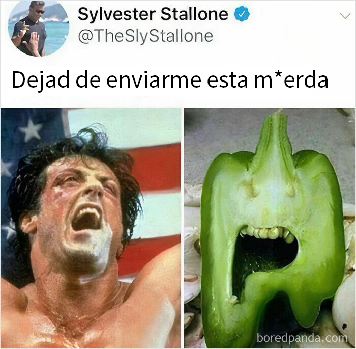 Meme divertido y sarcástico: comparación entre una escena de película y un pimiento verde con forma divertida.