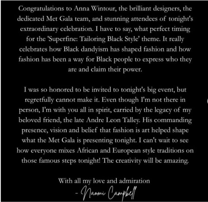 Texto de mensaje negro con homenaje a Andre Leon Talley y referencias a moda afroamericana en la Gala Met 2025, momentos incómodos.