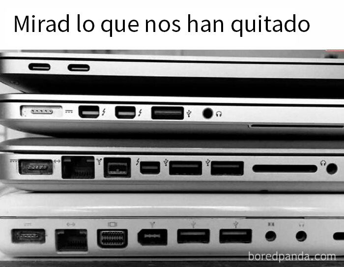 Memes divertidos sobre ciencia mostrando la evolución y los puertos que han quitado las laptops modernas.