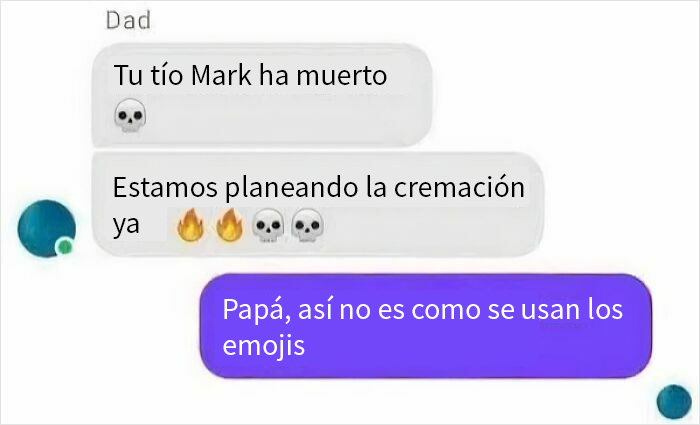 Conversación divertida con afirmaciones incorrectas y emojis mal usados en mensajes compartidos en internet.