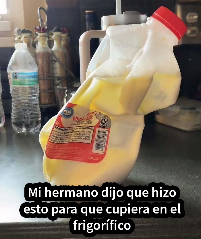 Envase de leche deformado provocando vergüenza ajena por intento fallido de ahorrar espacio en el frigorífico.