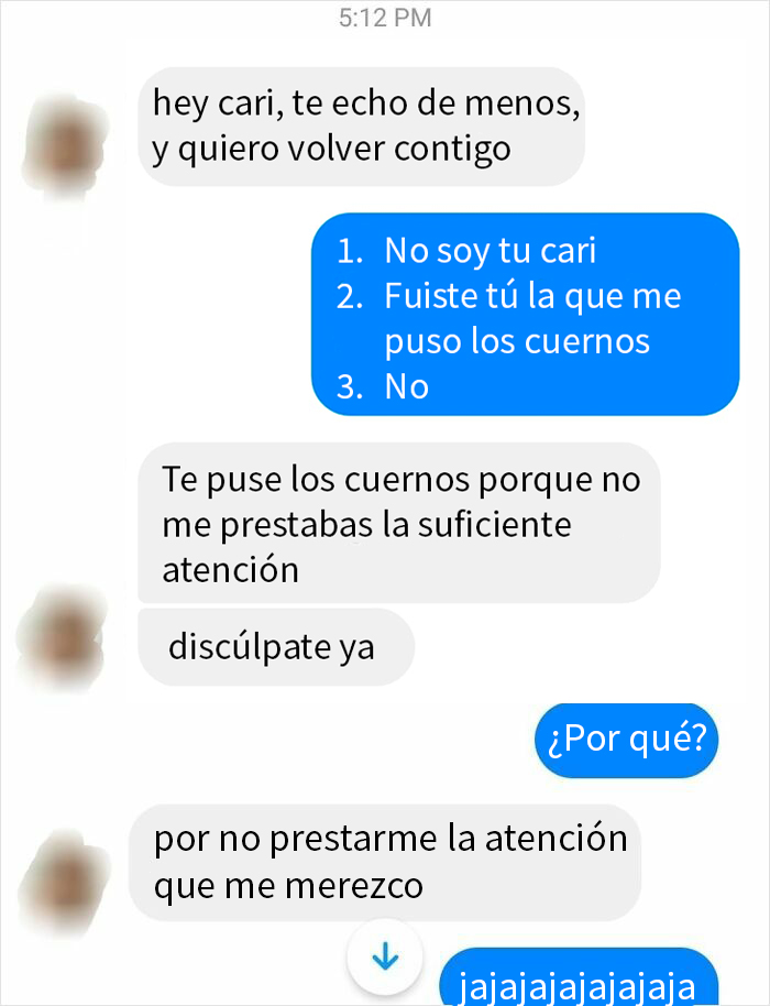 Captura de pantalla de mensajes salvajes y horribles de exparejas discutiendo infidelidades y reproches.