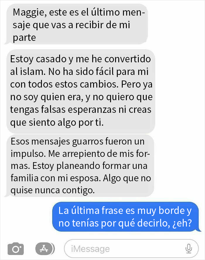 Captura de mensajes salvajes y horribles de exparejas en conversación de texto intensa y conflictiva.