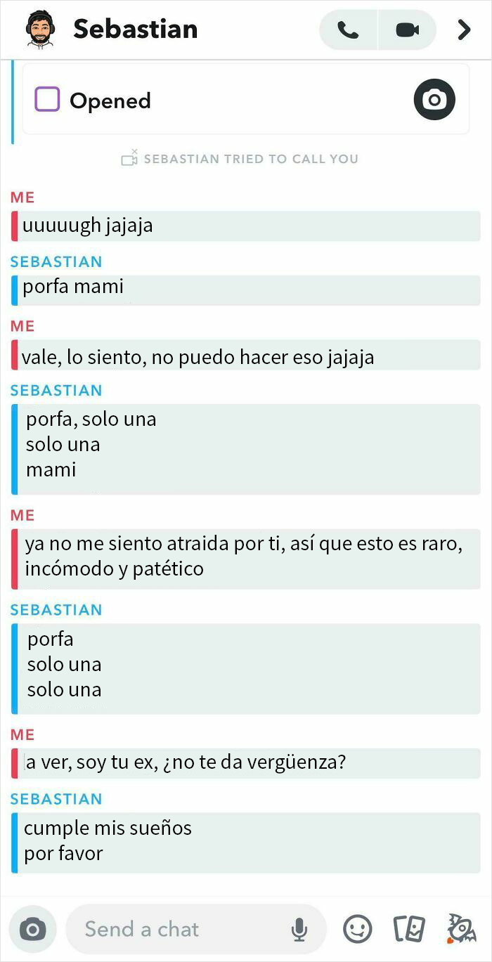 Captura de conversación texto con mensajes salvajes y horribles de exparejas que la gente tuvo que soportar en chat.