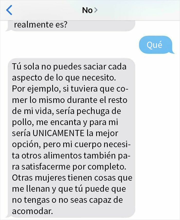 Captura de pantalla de mensaje de expareja con texto largo y complicado en conversación sobre necesidades personales.