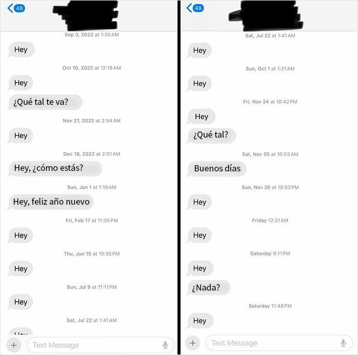 Conversaciones de mensajes salvajes y horribles de exparejas, mostrando insistencia y repetición constante en textos.