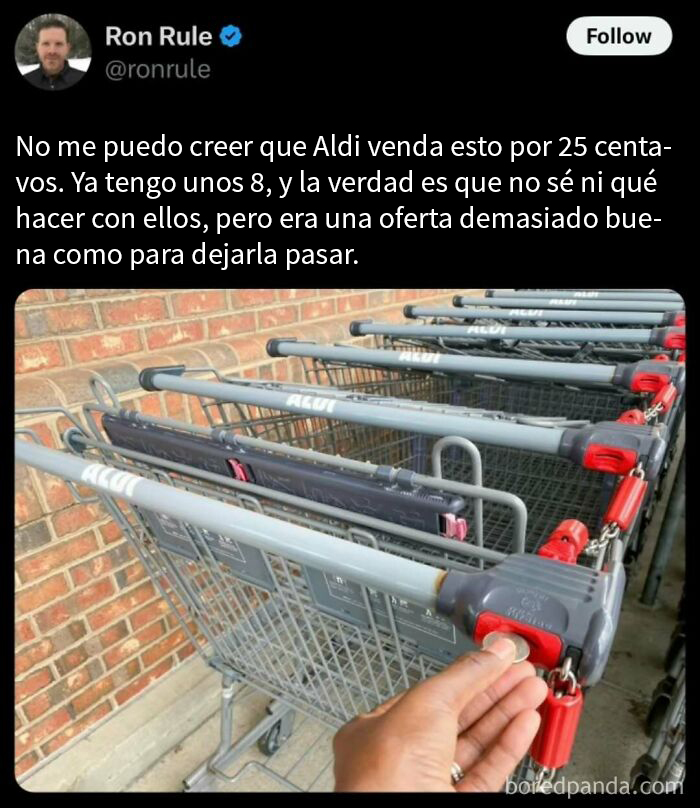 Carrito de supermercado con monedas para liberarlo, imagen divertida relacionada con memes familiares y cotidiano.