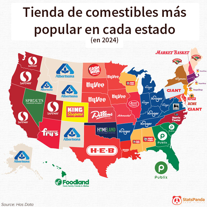 Mapa de tiendas de comestibles más populares en cada estado de EE. UU. en 2024, con logos y colores destacados.