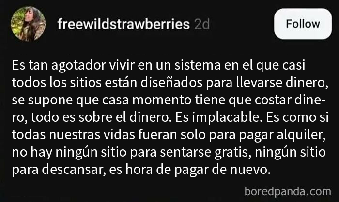 Comentario en redes sobre la fatiga del capitalismo y la crítica a un sistema diseñado para el dinero y el pago constante.