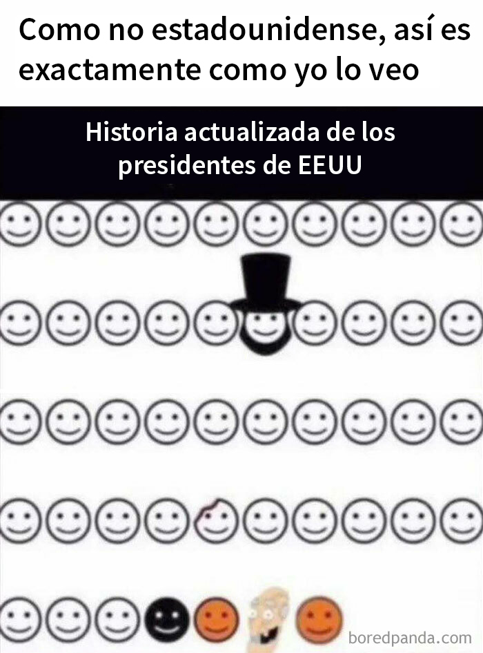 Memes intelectuales mostrando una línea de presidentes con rostros sonrientes y caricaturas para contexto histórico.