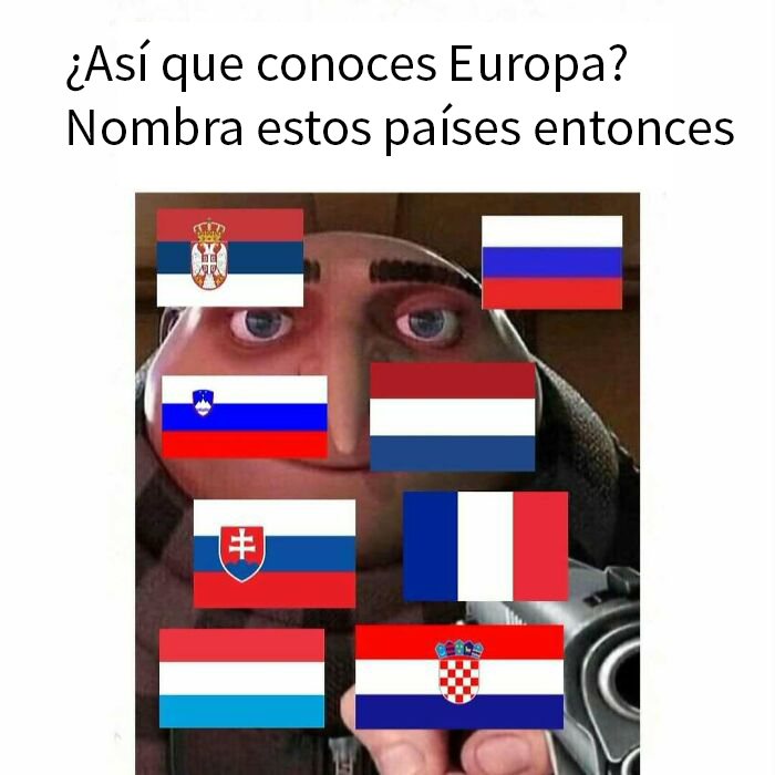 Memes intelectuales con banderas de países europeos y humor sobre contexto histórico en Europa.