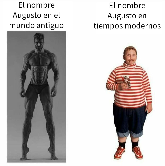 Hombre musculoso representando mundo antiguo junto a niño con chocolate en tiempos modernos meme contexto histórico