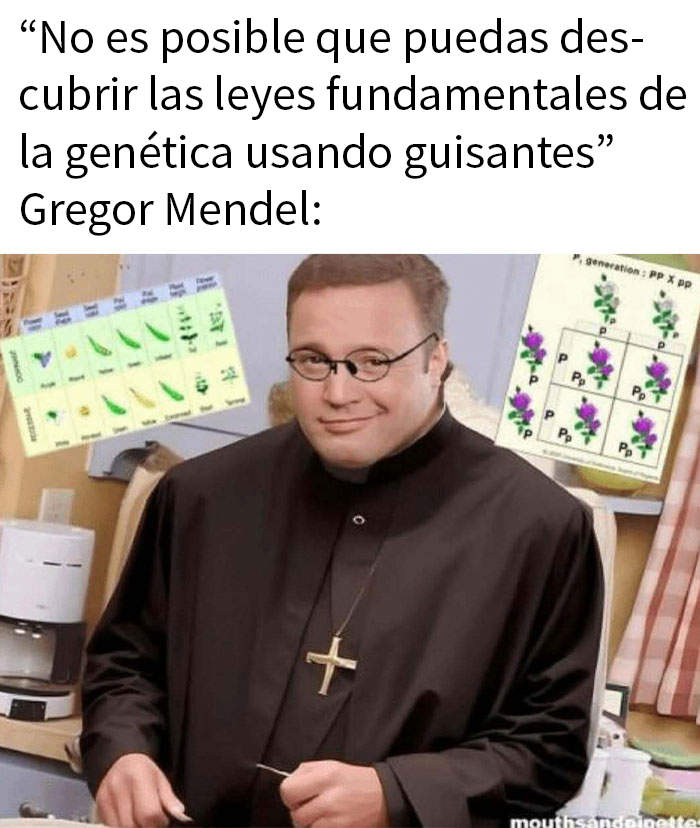 Hombre vestido de fraile con gráficos de genética y memes intelectuales relacionados con contexto histórico y Mendel.