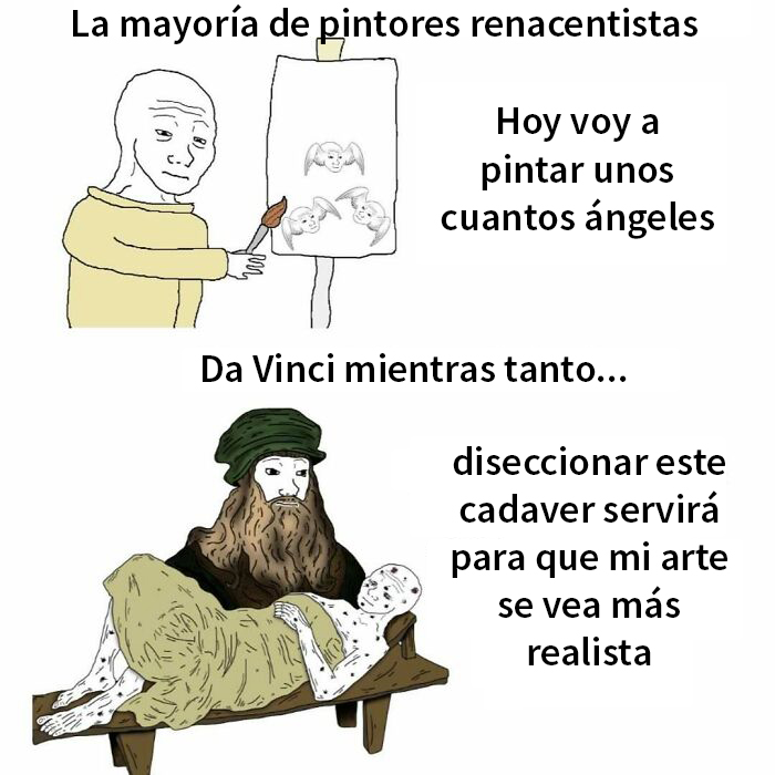 Memes intelectuales con humor sobre pintores renacentistas y contexto histórico en arte y anatomía realista.