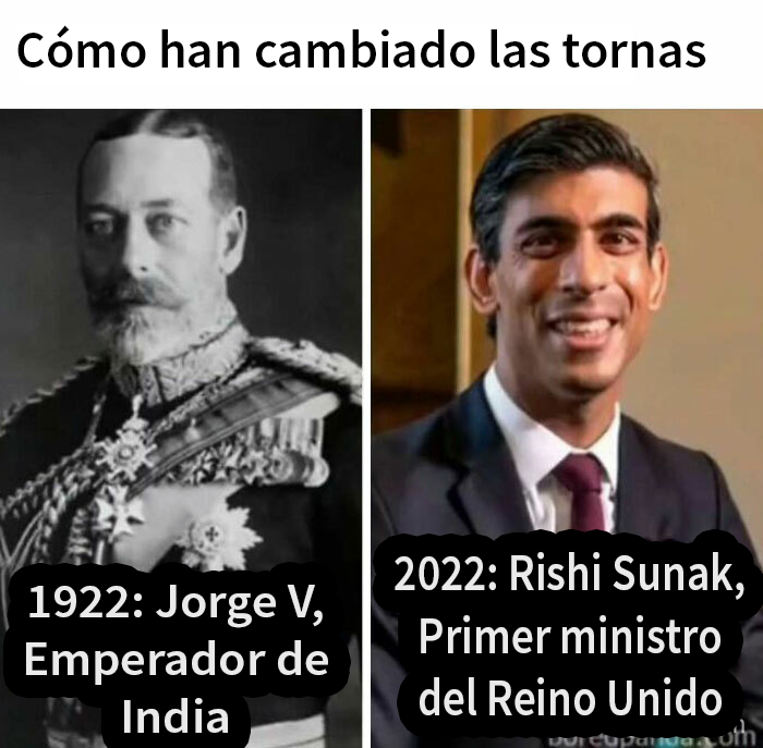Retratos comparativos históricos del emperador Jorge V y el primer ministro Rishi Sunak, destacando contexto histórico intelectual.