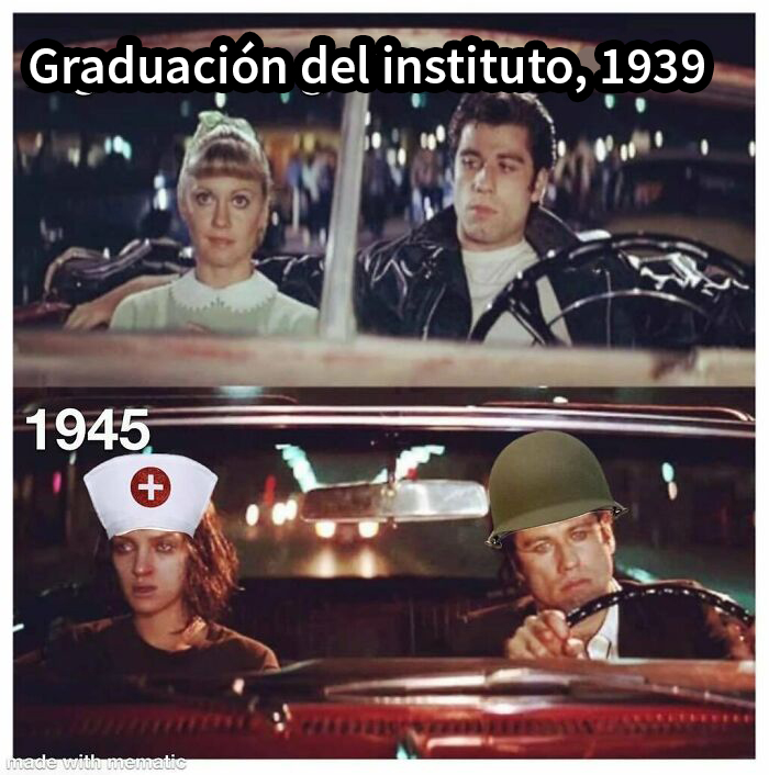 Pareja en dos escenas de película representando contexto histórico en 1939 y 1945 con casco y gorro de enfermera.