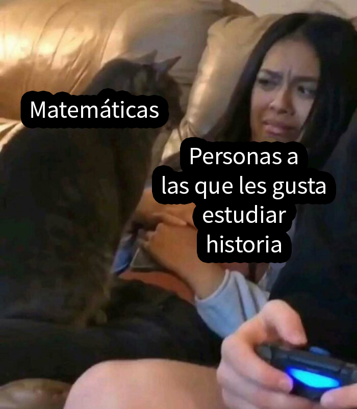 Persona confundida con gato etiquetado matemáticas, broma sobre memes intelectuales y contexto histórico.