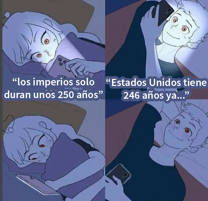 Jóvenes en la cama leyendo memes intelectuales sobre duración de imperios y contexto histórico.