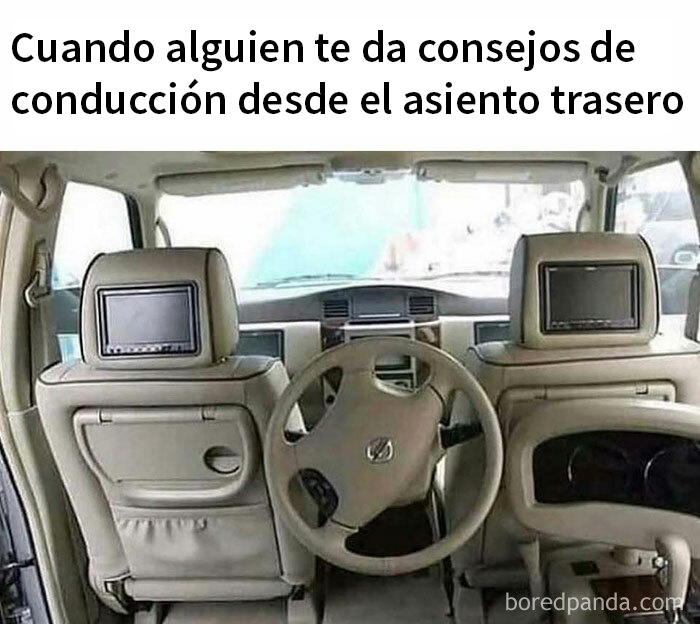 Interior de automóvil con volante en el asiento trasero, ilustrando memes sobre hombres universalmente familiares.