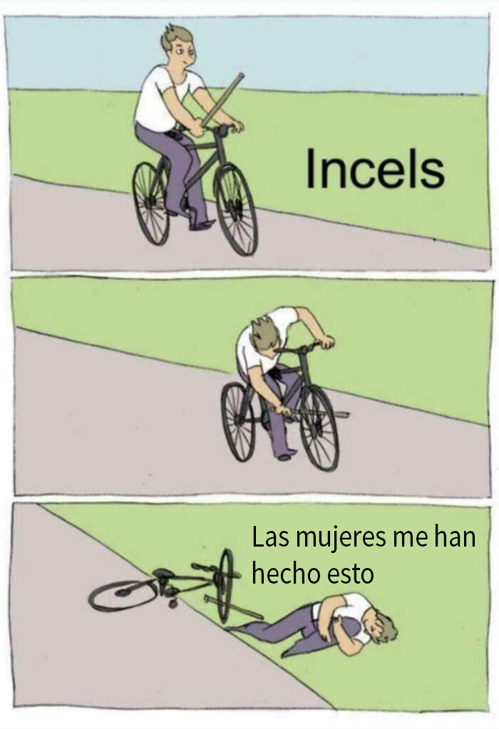 Hombre representando incel en bicicleta, causándose daño por culpa de su conducta y excusas sobre las mujeres en comunidad online.