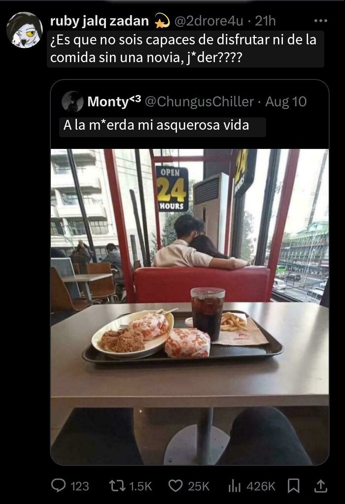 Comida en restaurante con pareja abrazándose al fondo, ilustrando incels siendo avergonzados por su comportamiento online.