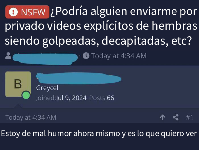 Mensaje ofensivo de incel en comunidad online, mostrando comportamiento inapropiado y polémico en discusión pública.
