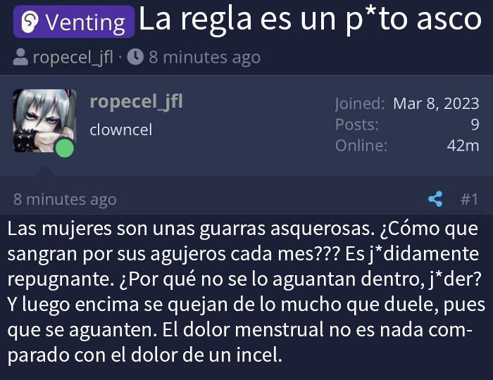 Foro online donde incels hacen comentarios ofensivos y son criticados por su comportamiento en comunidad incel.
