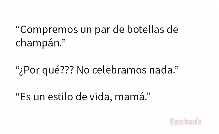Texto divertido de conversaciones escuchadas en Los Ángeles sobre comprar champán como estilo de vida.