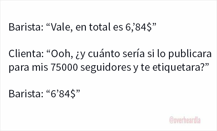 Conversación divertida entre barista y cliente en Los Ángeles sobre precio y publicaciones en redes sociales.