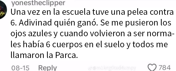 Captura de pantalla de un comentario sobre una pelea escolar con un toque de exageración y humor en internet.