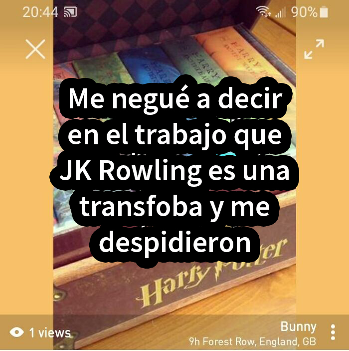 Caja de libros de Harry Potter con texto sobre mentiras muy vergonzosas descubiertas en internet sobre despidos.