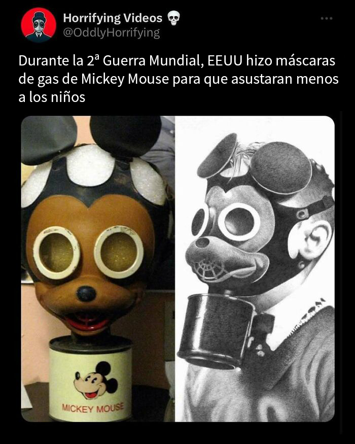 Máscaras de gas de Mickey Mouse usadas en la Segunda Guerra Mundial, imagen extrañamente aterradora que genera inquietud.