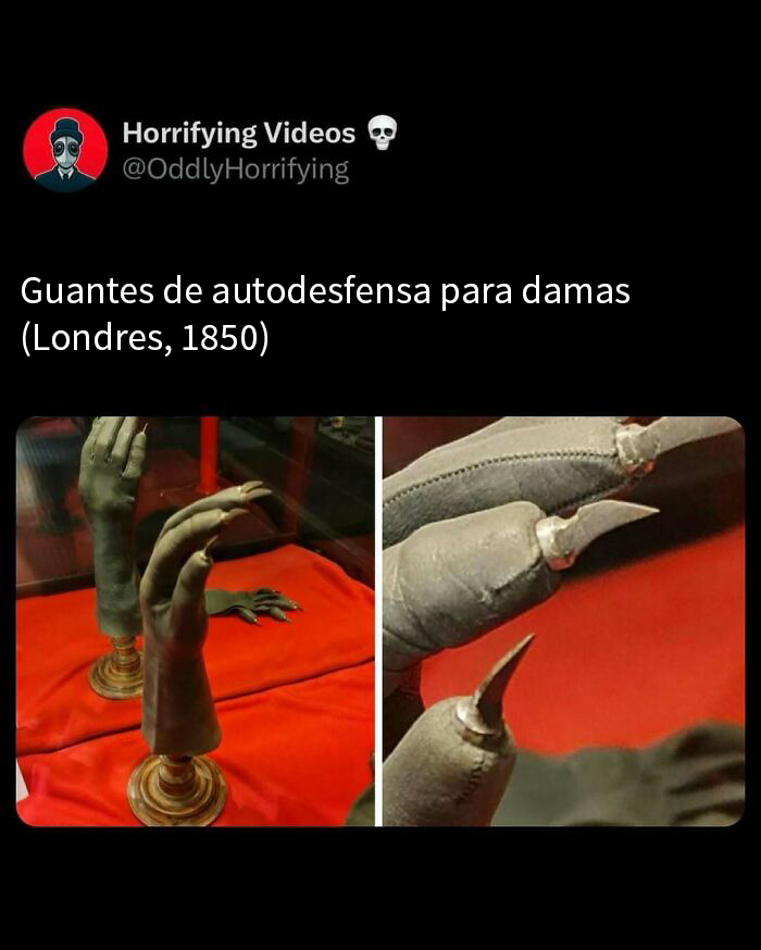 Guantes de autodefensa antiguos con garras metálicas, imagen extrañamente aterradora que genera inquietud.