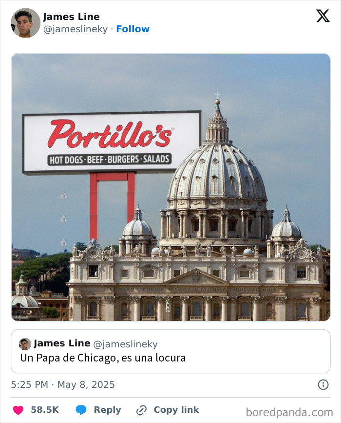 Memes divertidos sobre el nuevo Papa con referencia a Chicago y un cartel de comida en la Basílica Vaticana.