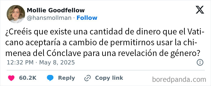 Tuit con meme divertido sobre el nuevo Papa y una pregunta sobre usar el Cónclave para revelación de género.