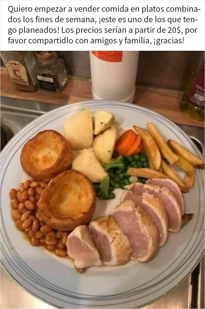 Plato con comida asquerosa, carne poco cocida, verduras, papas y frijoles, causando asco en quienes la compartieron.